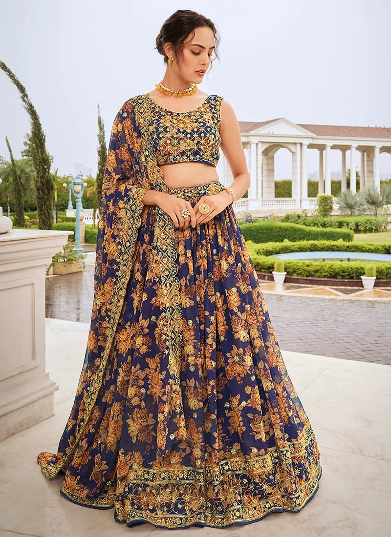Dark Blue Sequence Embroidery Floral Printed Lehenga Choli