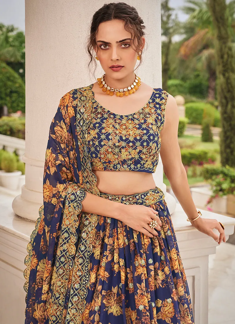 Dark Blue Sequence Embroidery Floral Printed Lehenga Choli