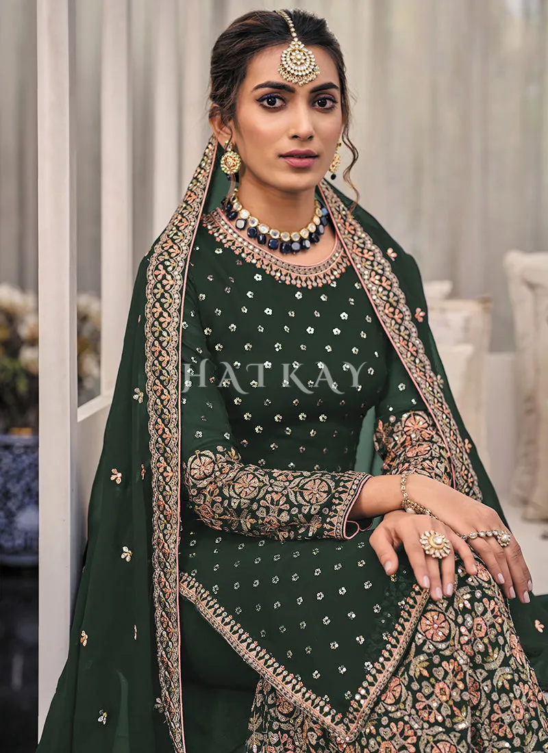 Dark Green Multi Embroidered Traditional Gharara Suit