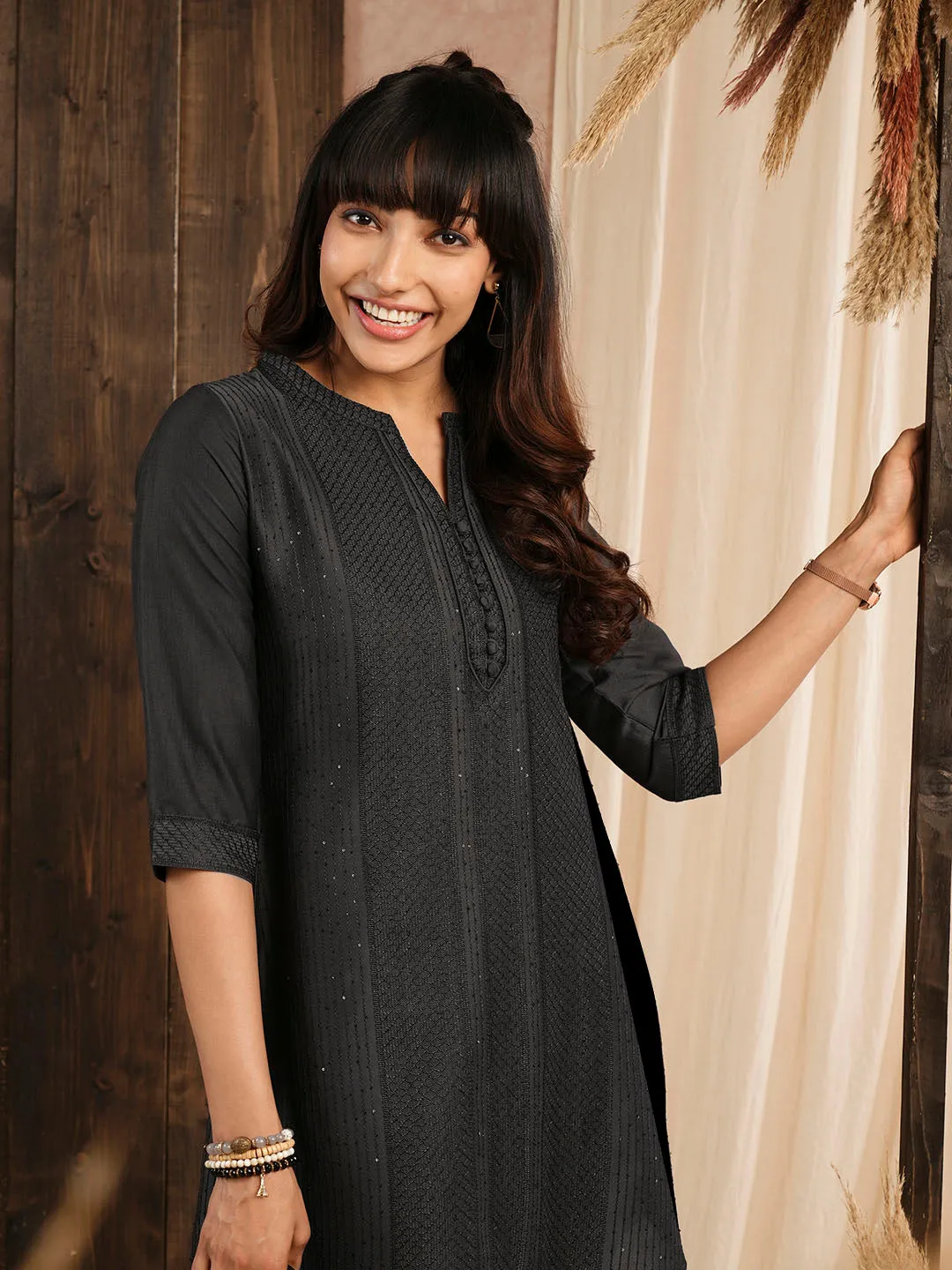 Dark Grey Ethnic Wear Chanderi Silk Straight Tunics for Ladies - Zola