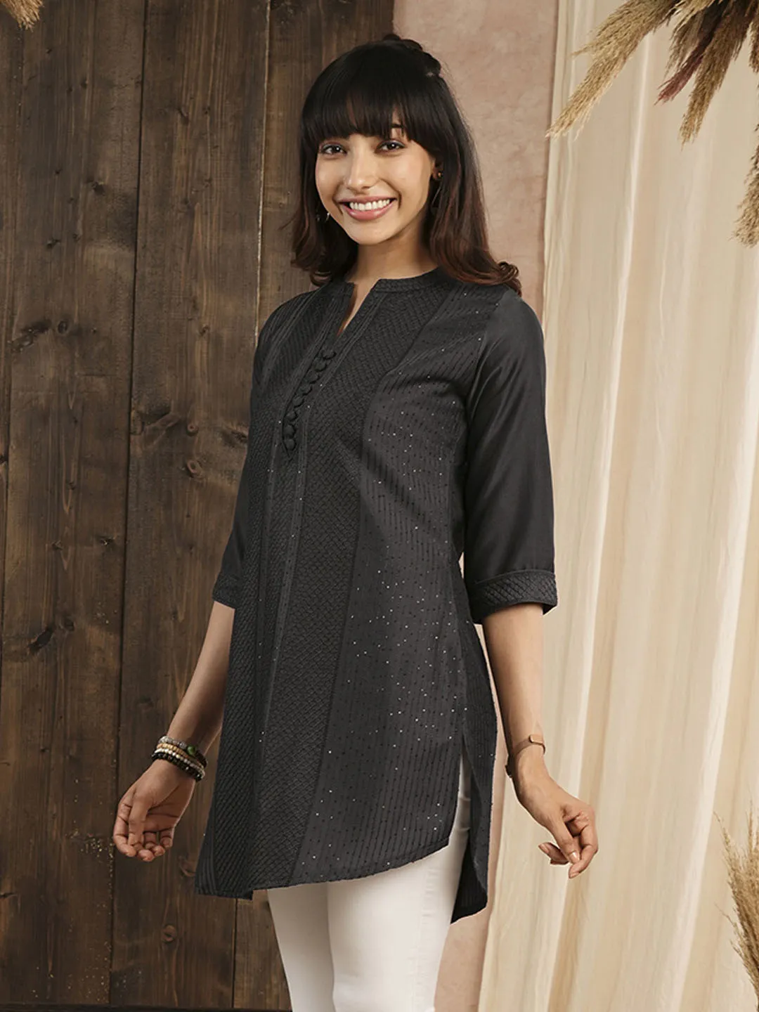 Dark Grey Ethnic Wear Chanderi Silk Straight Tunics for Ladies - Zola