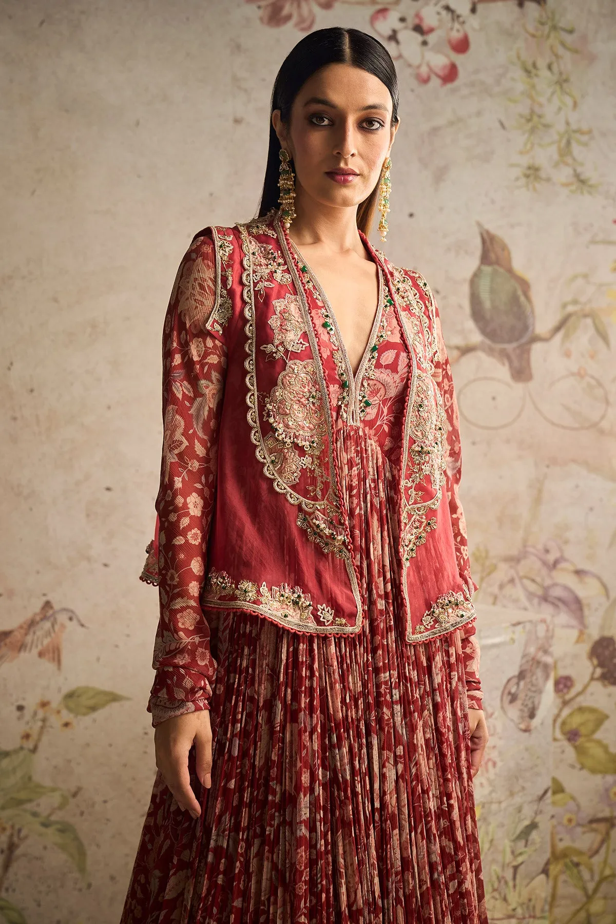 Dazzle red ochre printed anarkali and jacket