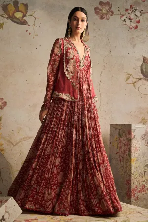 Dazzle red ochre printed anarkali and jacket