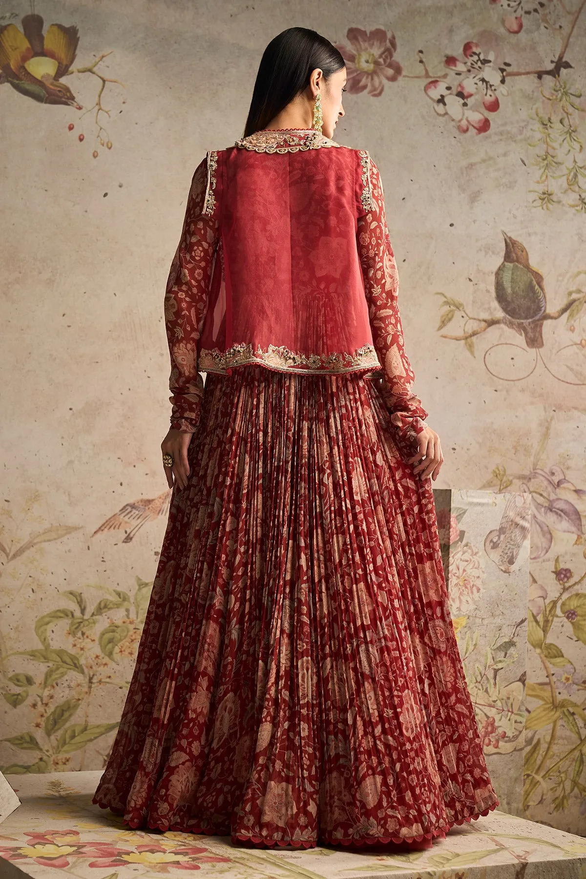 Dazzle red ochre printed anarkali and jacket