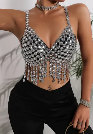 Dazzling Crystal Fringe Crop Top with Glamorous Tassel Details