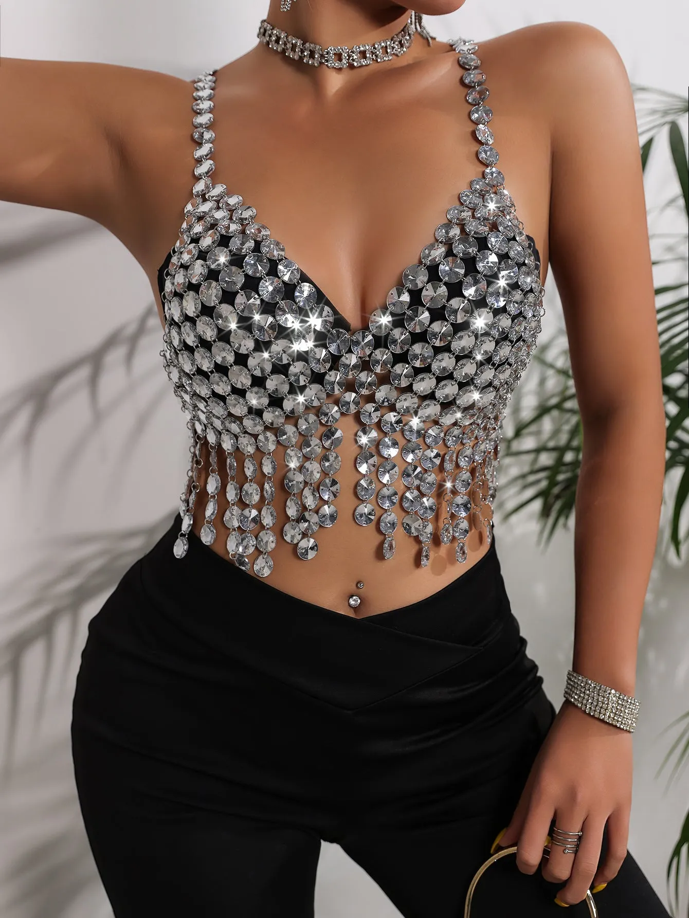 Dazzling Crystal Fringe Crop Top with Glamorous Tassel Details