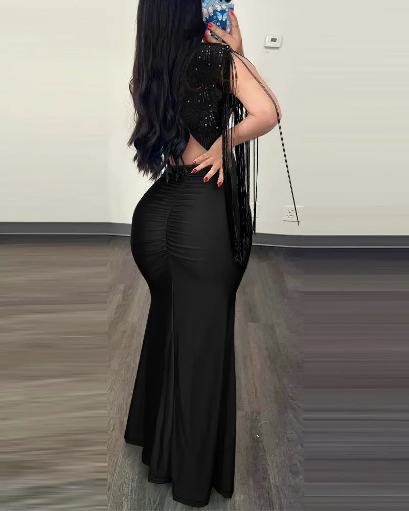 Dazzling Sequin Tassel Split Evening Bodycon Dress
