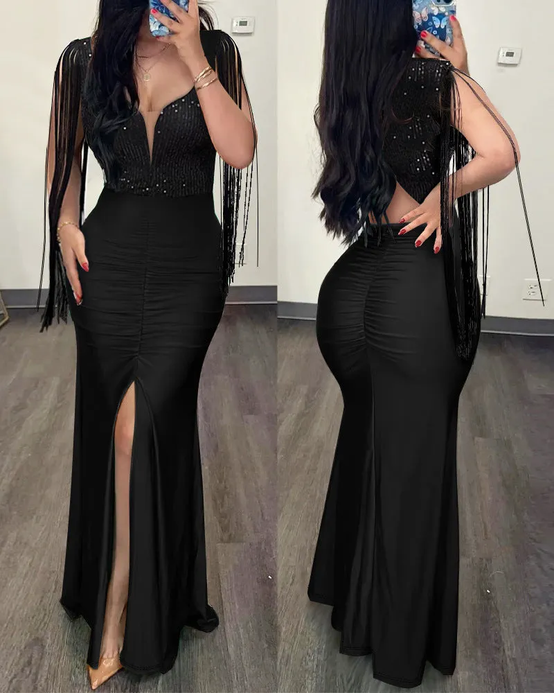 Dazzling Sequin Tassel Split Evening Bodycon Dress