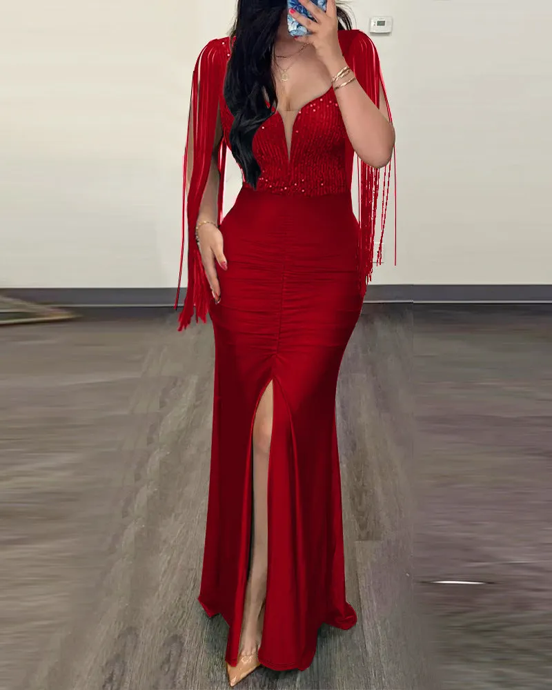 Dazzling Sequin Tassel Split Evening Bodycon Dress