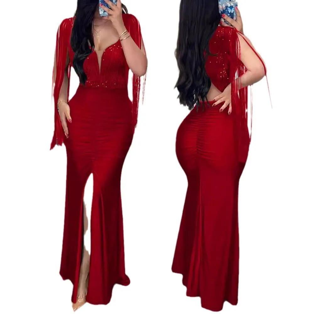 Dazzling Sequin Tassel Split Evening Bodycon Dress