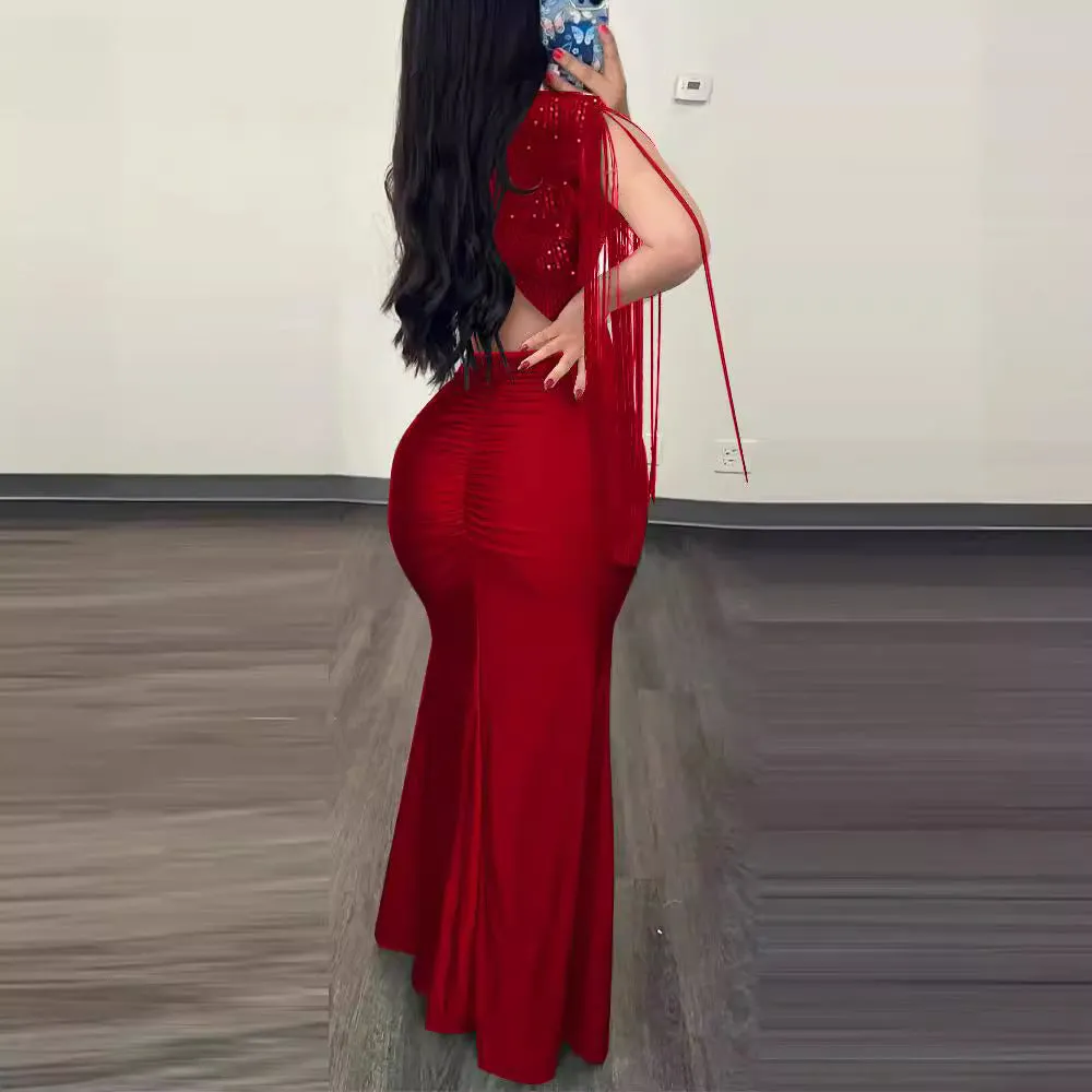 Dazzling Sequin Tassel Split Evening Bodycon Dress