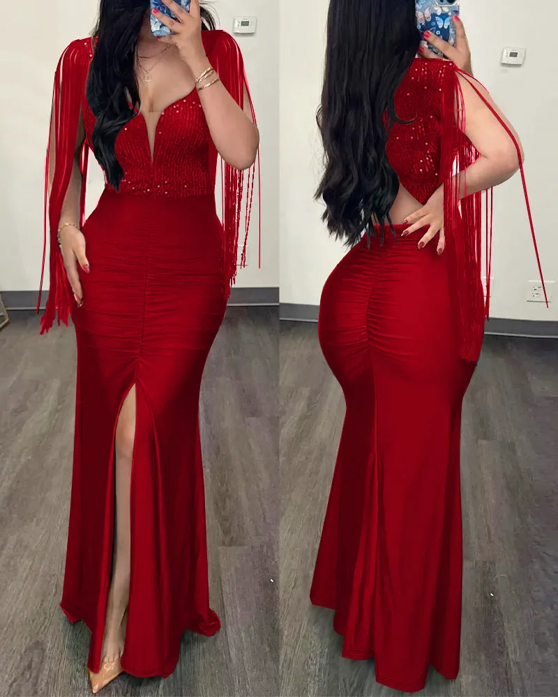 Dazzling Sequin Tassel Split Evening Bodycon Dress