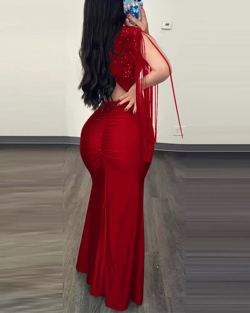 Dazzling Sequin Tassel Split Evening Bodycon Dress