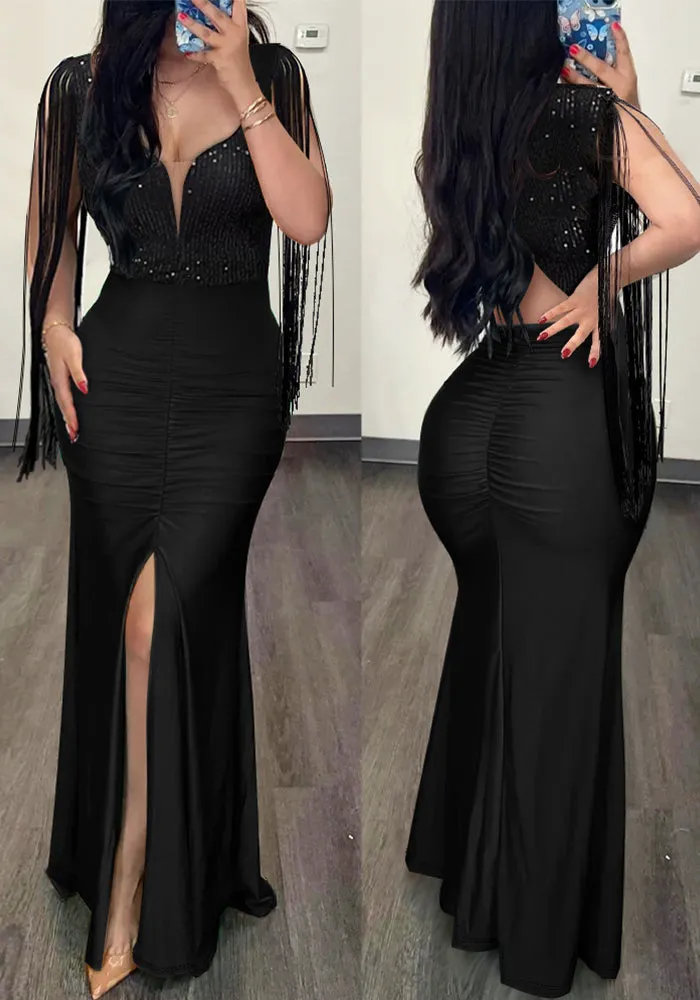 Dazzling Sequin Tassel Split Evening Bodycon Dress