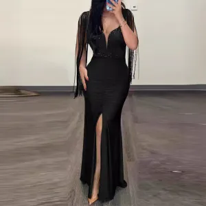 Dazzling Sequin Tassel Split Evening Bodycon Dress