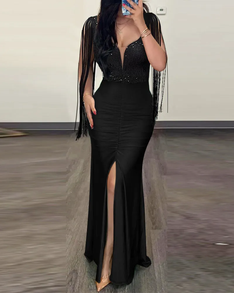 Dazzling Sequin Tassel Split Evening Bodycon Dress