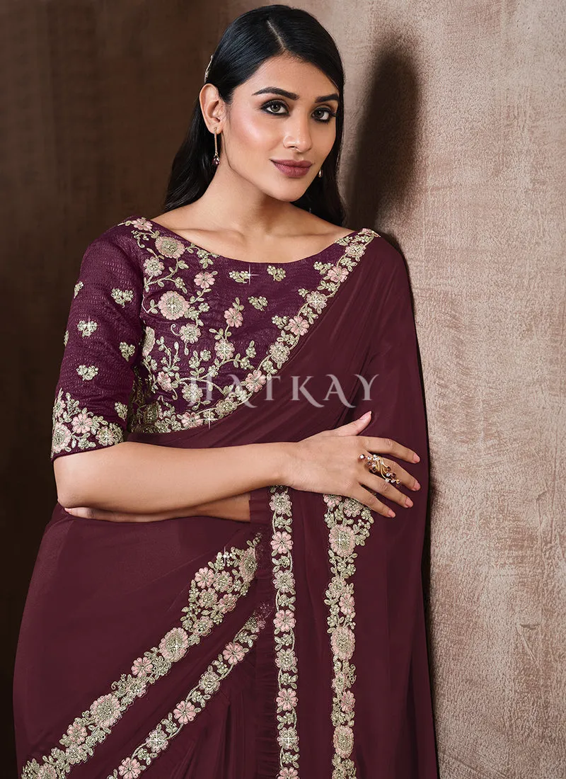 Deep Wine Traditional Zari Embroidered Party Wear Saree