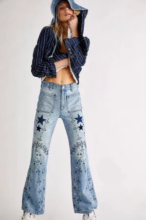 Delphine Embroidered Flare - Light Worn Indigo