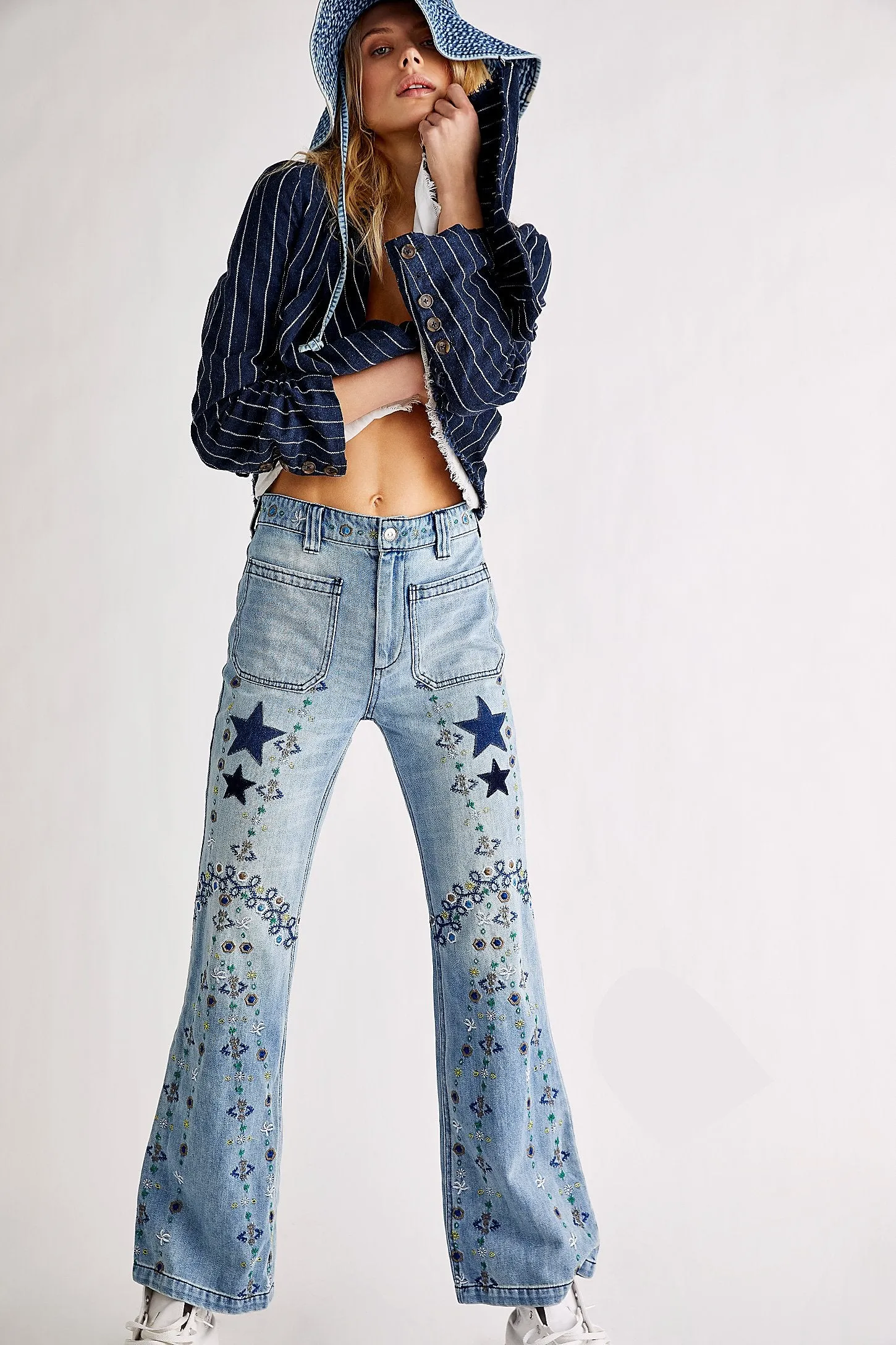 Delphine Embroidered Flare - Light Worn Indigo