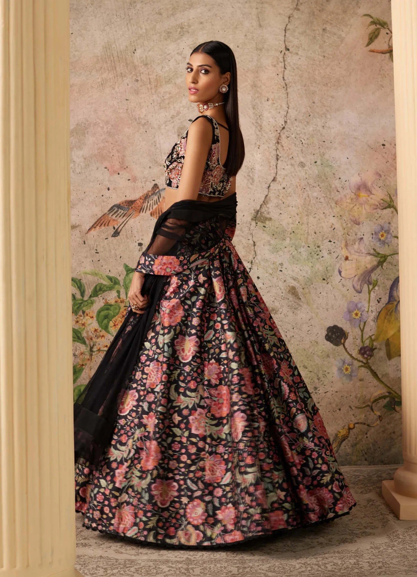 Demi black print lehenga set