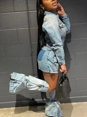 Denim 3 Piece Set  Long Sleeve Mini Dress