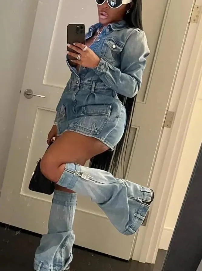 Denim 3 Piece Set  Long Sleeve Mini Dress