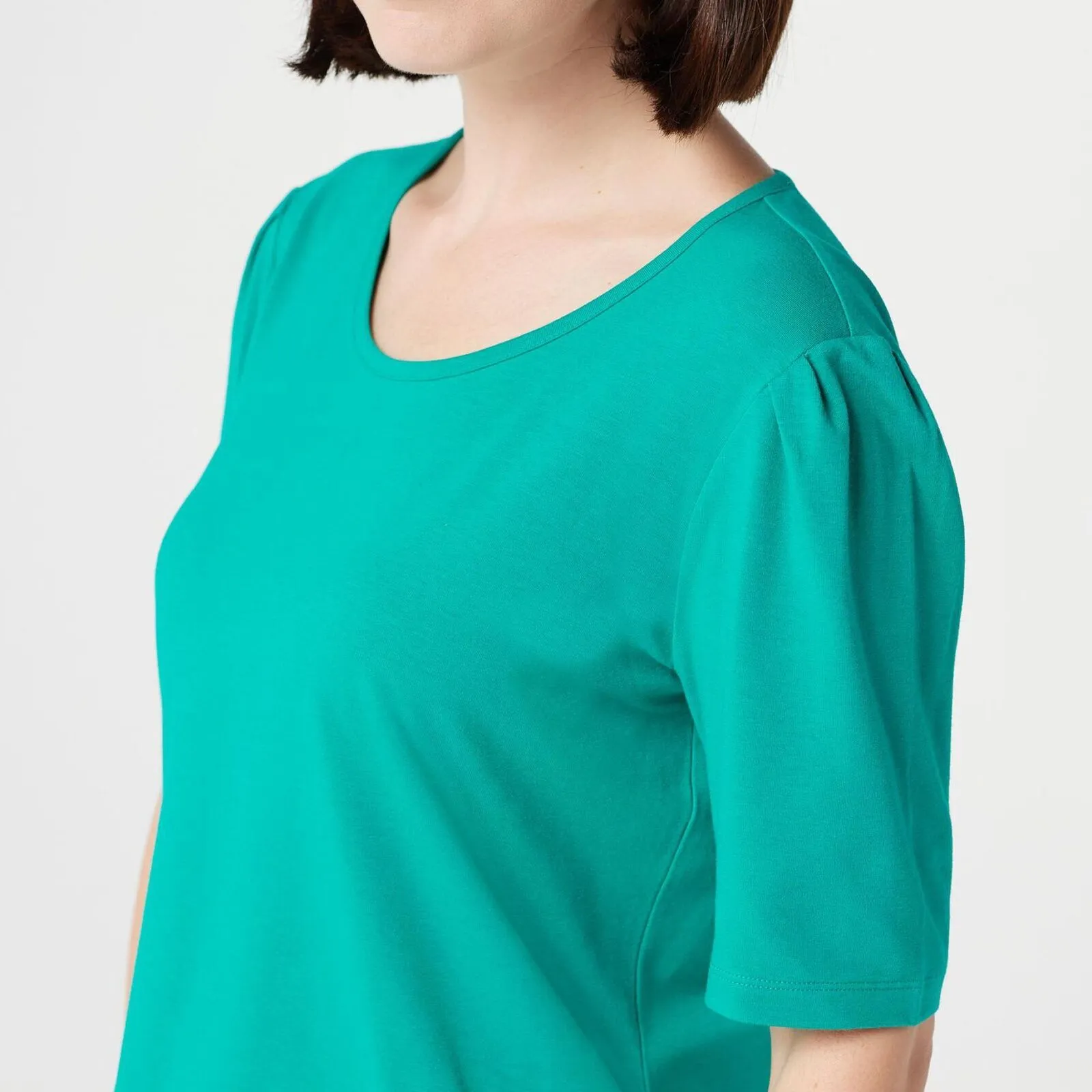 Denim & Co. Essentials Jersey Elbow-Sleeve Scoop Neck Top Fall Turquoise Large