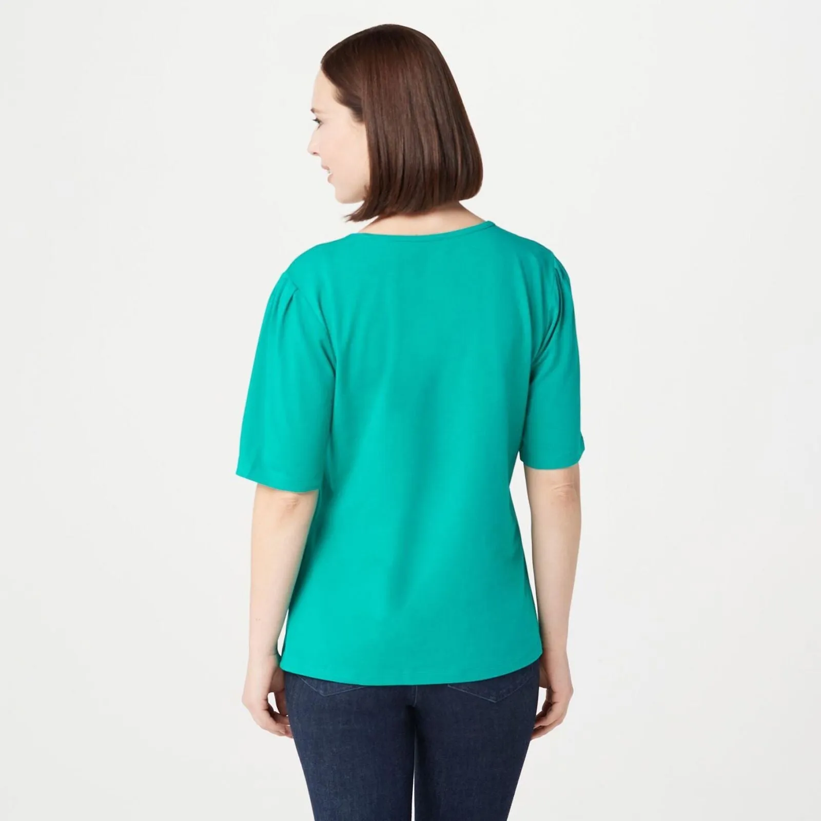 Denim & Co. Essentials Jersey Elbow-Sleeve Scoop Neck Top Fall Turquoise Large