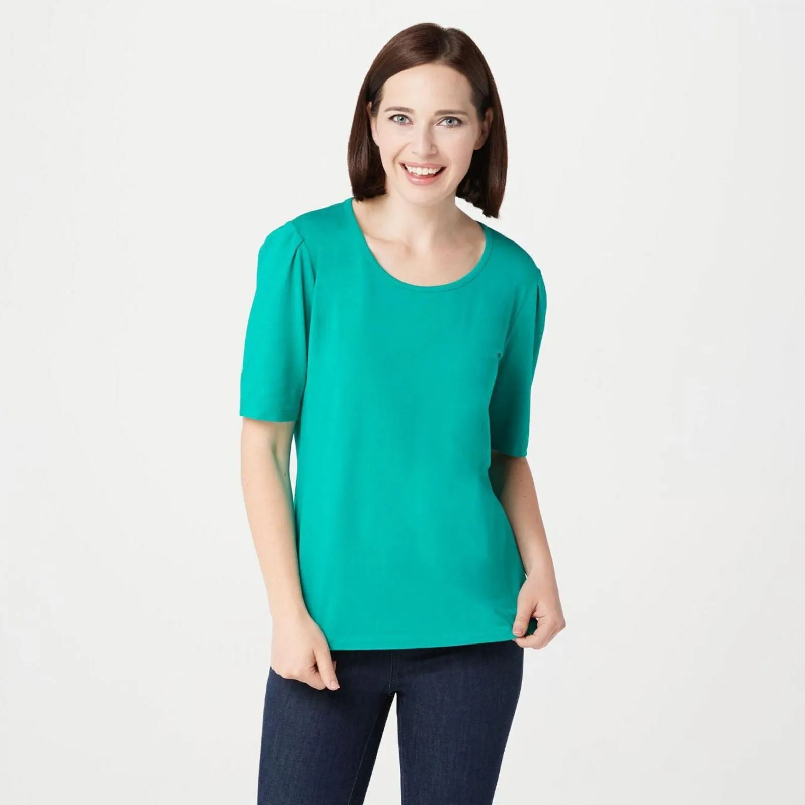 Denim & Co. Essentials Jersey Elbow-Sleeve Scoop Neck Top Fall Turquoise Large
