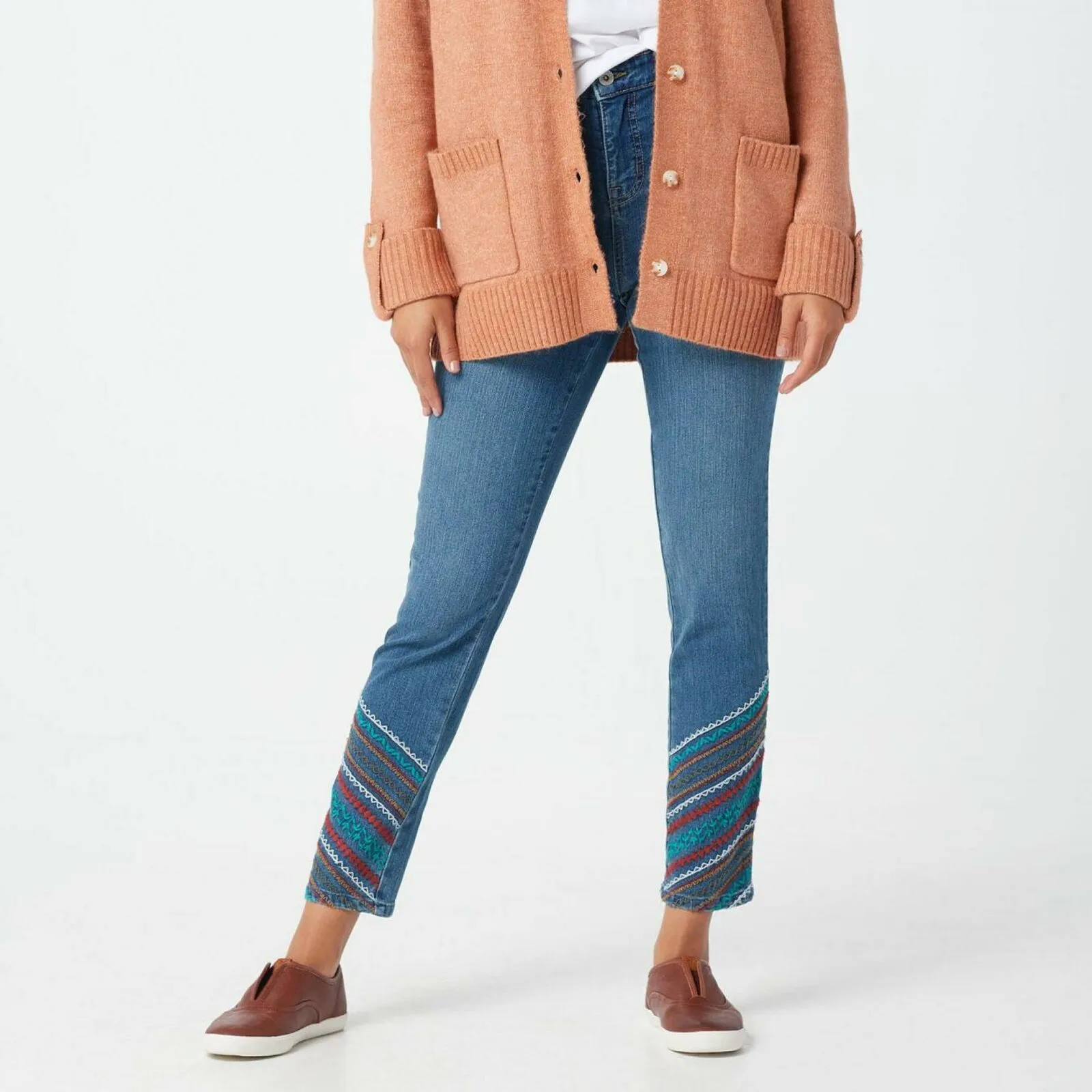 Denim & Co. Women's Slim Straight Jeans With Hem Embroidery Harbor 12