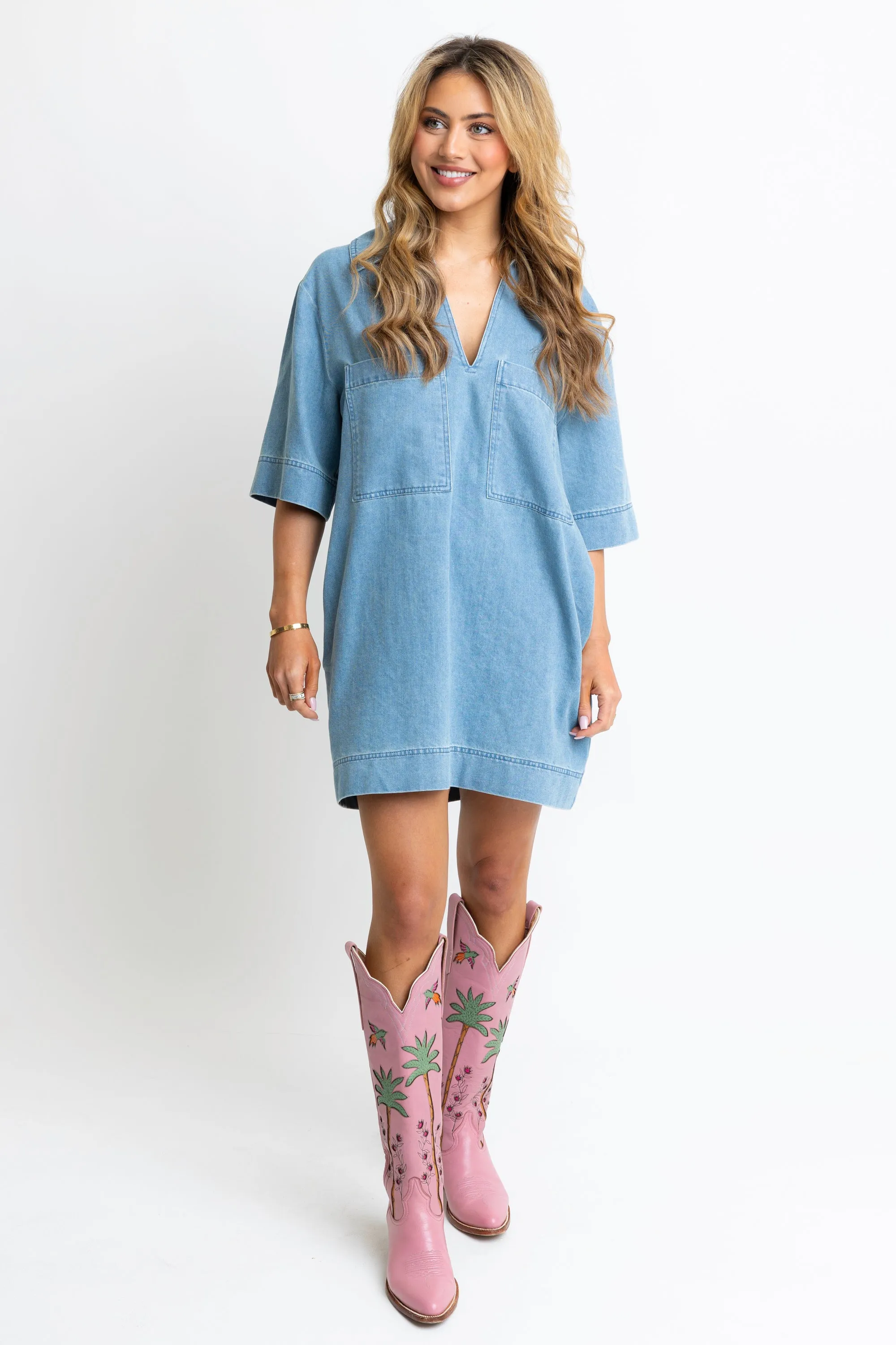 Denim V Neck Collar Dress