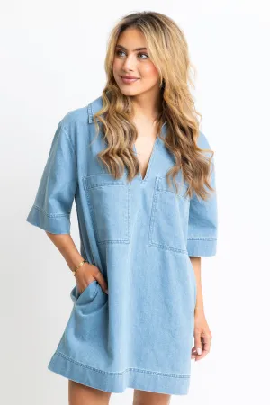 Denim V Neck Collar Dress