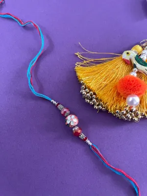 Designer Rakhi Orange Meenakari Kundan Bead With Crystal Thread Rakhi For Raksha Bandhan