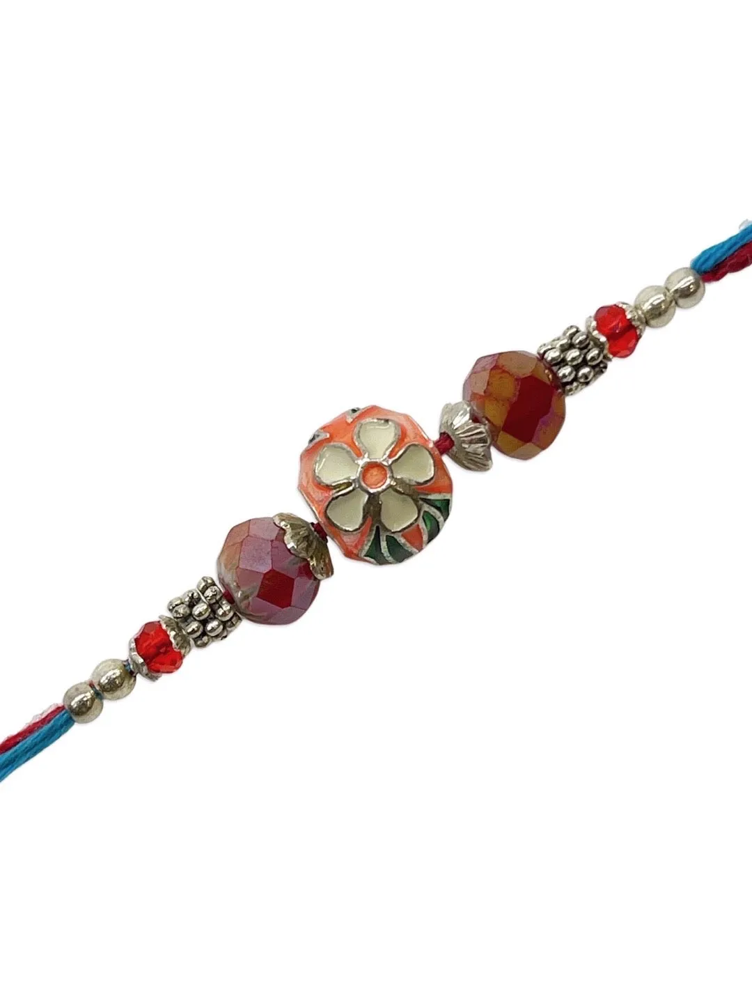 Designer Rakhi Orange Meenakari Kundan Bead With Crystal Thread Rakhi For Raksha Bandhan