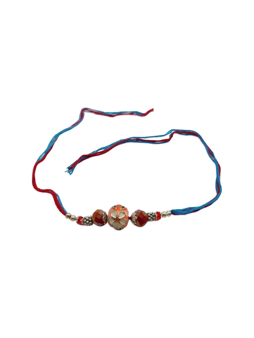 Designer Rakhi Orange Meenakari Kundan Bead With Crystal Thread Rakhi For Raksha Bandhan