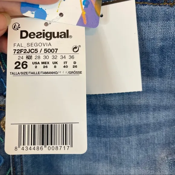 Desigual Segovia Exotic Jeans Embroidery Mini Denim Skirt Size 26 NWT