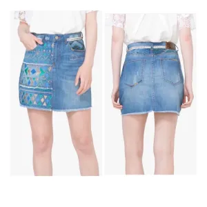 Desigual Segovia Exotic Jeans Embroidery Mini Denim Skirt Size 26 NWT