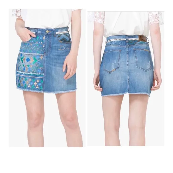 Desigual Segovia Exotic Jeans Embroidery Mini Denim Skirt Size 26 NWT