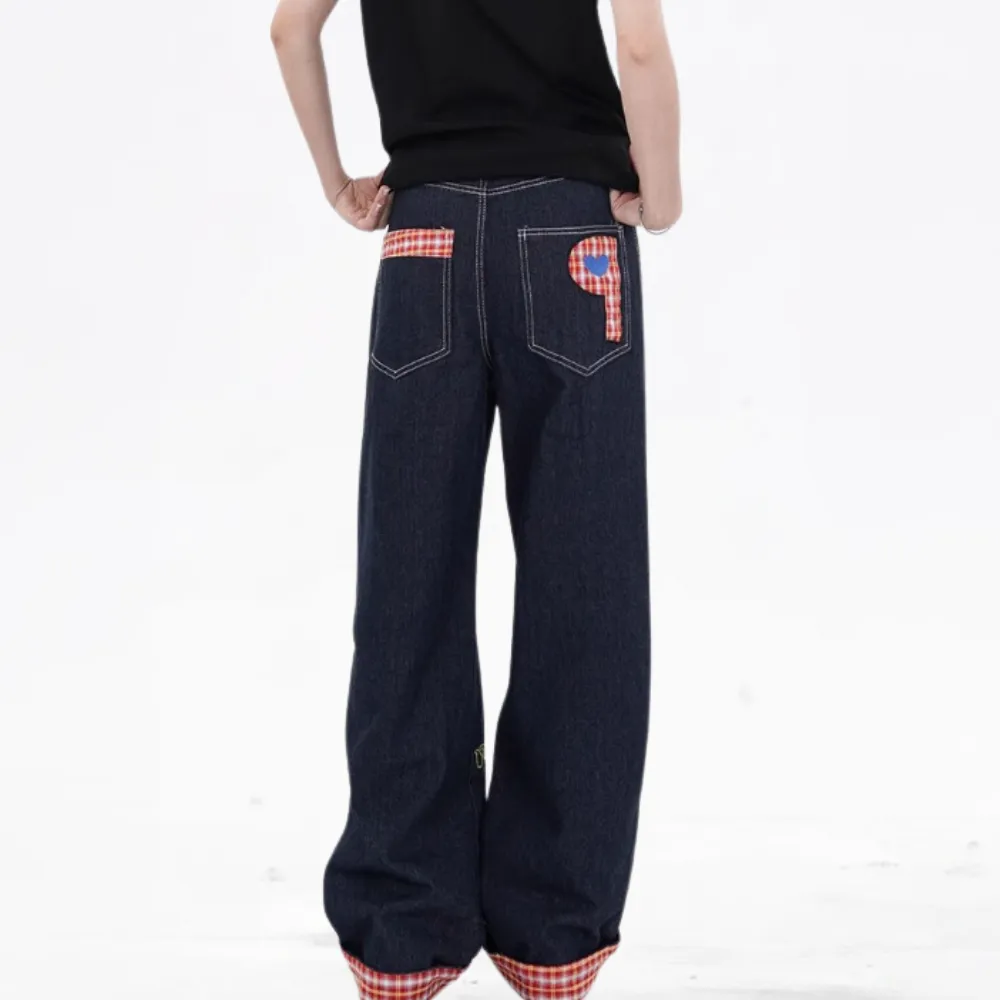 DF| Plaid Embroidered Patch Jeans