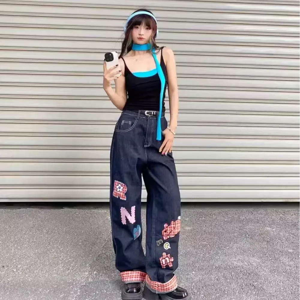 DF| Plaid Embroidered Patch Jeans