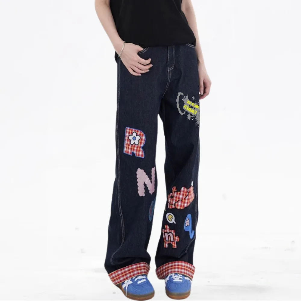 DF| Plaid Embroidered Patch Jeans