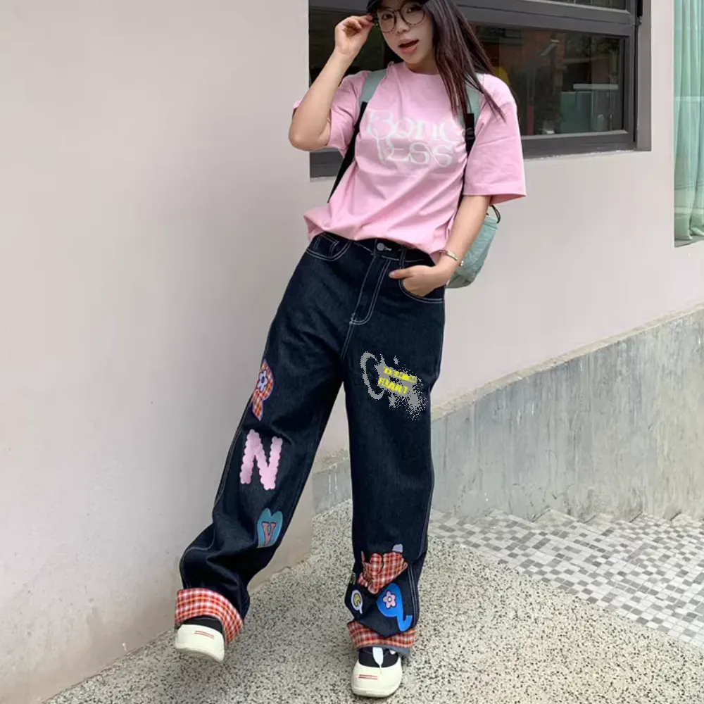 DF| Plaid Embroidered Patch Jeans