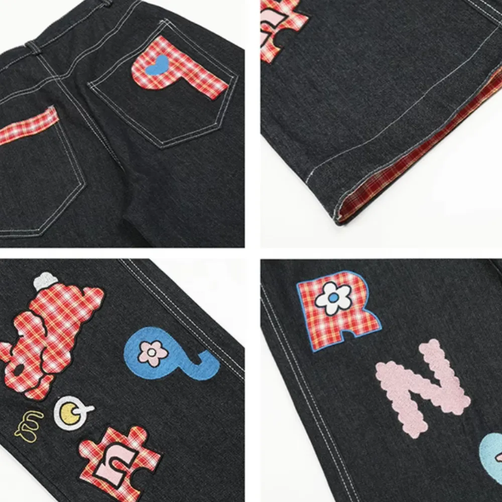 DF| Plaid Embroidered Patch Jeans
