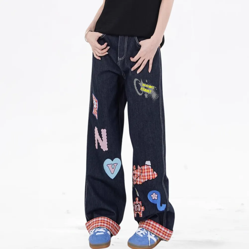 DF| Plaid Embroidered Patch Jeans