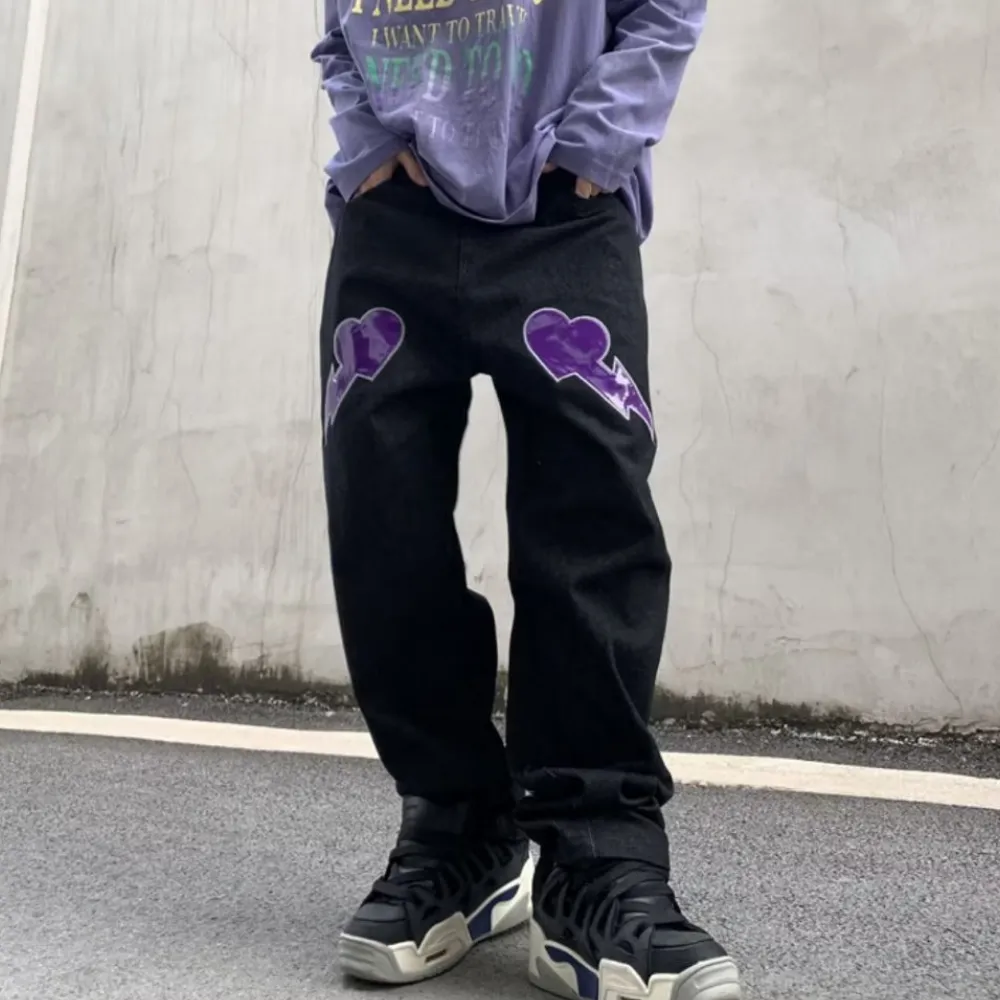 DF| Shiny Heart Letter Patch Jeans