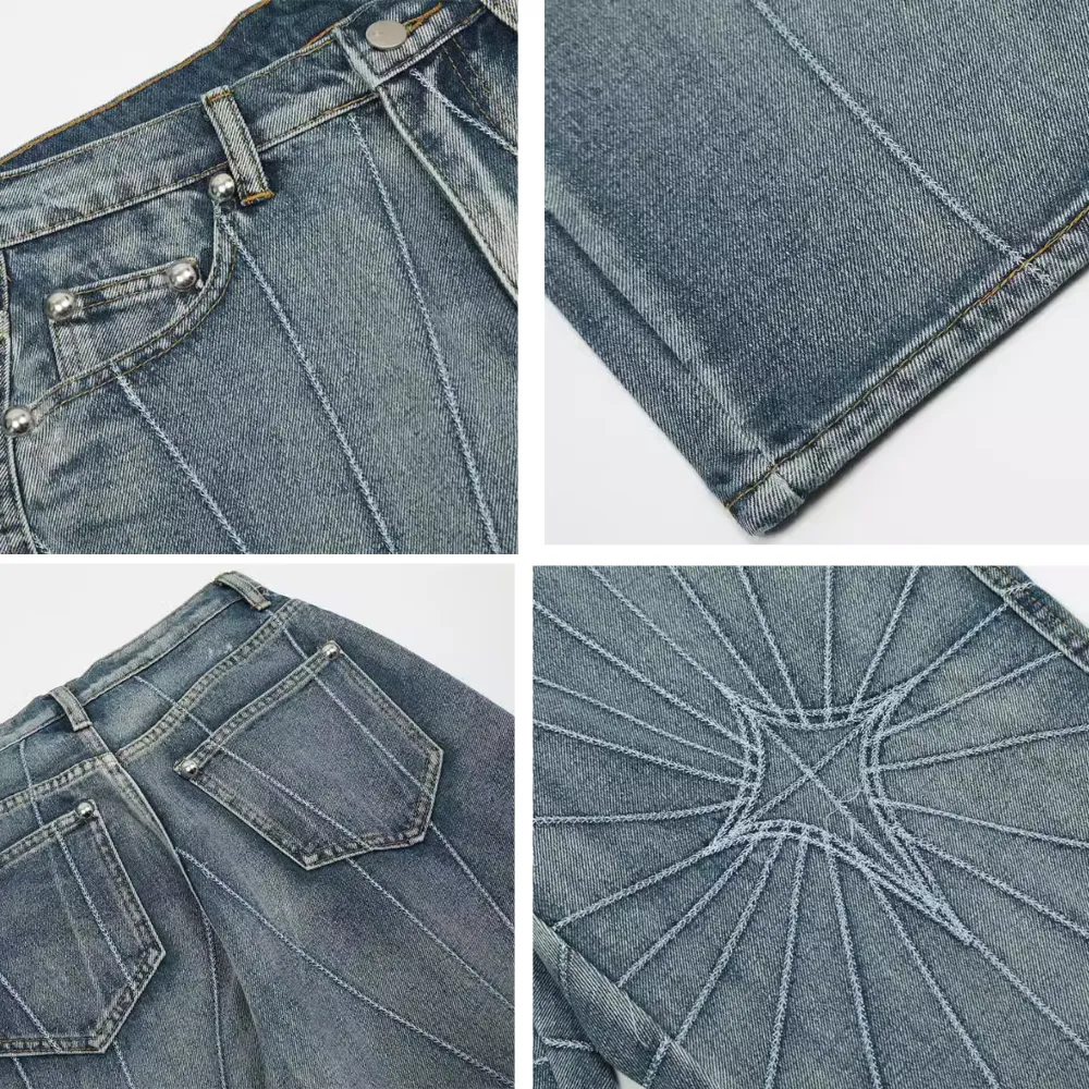 DF| Spider Web Stripe Embroidered Jeans