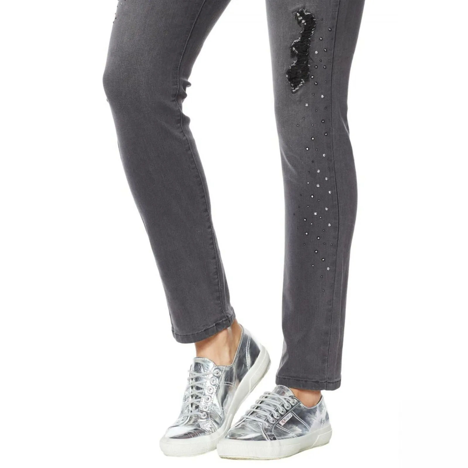 DG2 by Diane Gilman Embellished Distressed Anniversary Jeans Gray Petite 18W