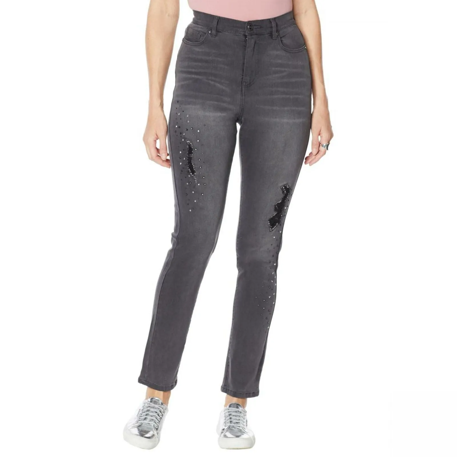 DG2 by Diane Gilman Embellished Distressed Anniversary Jeans Gray Petite 18W