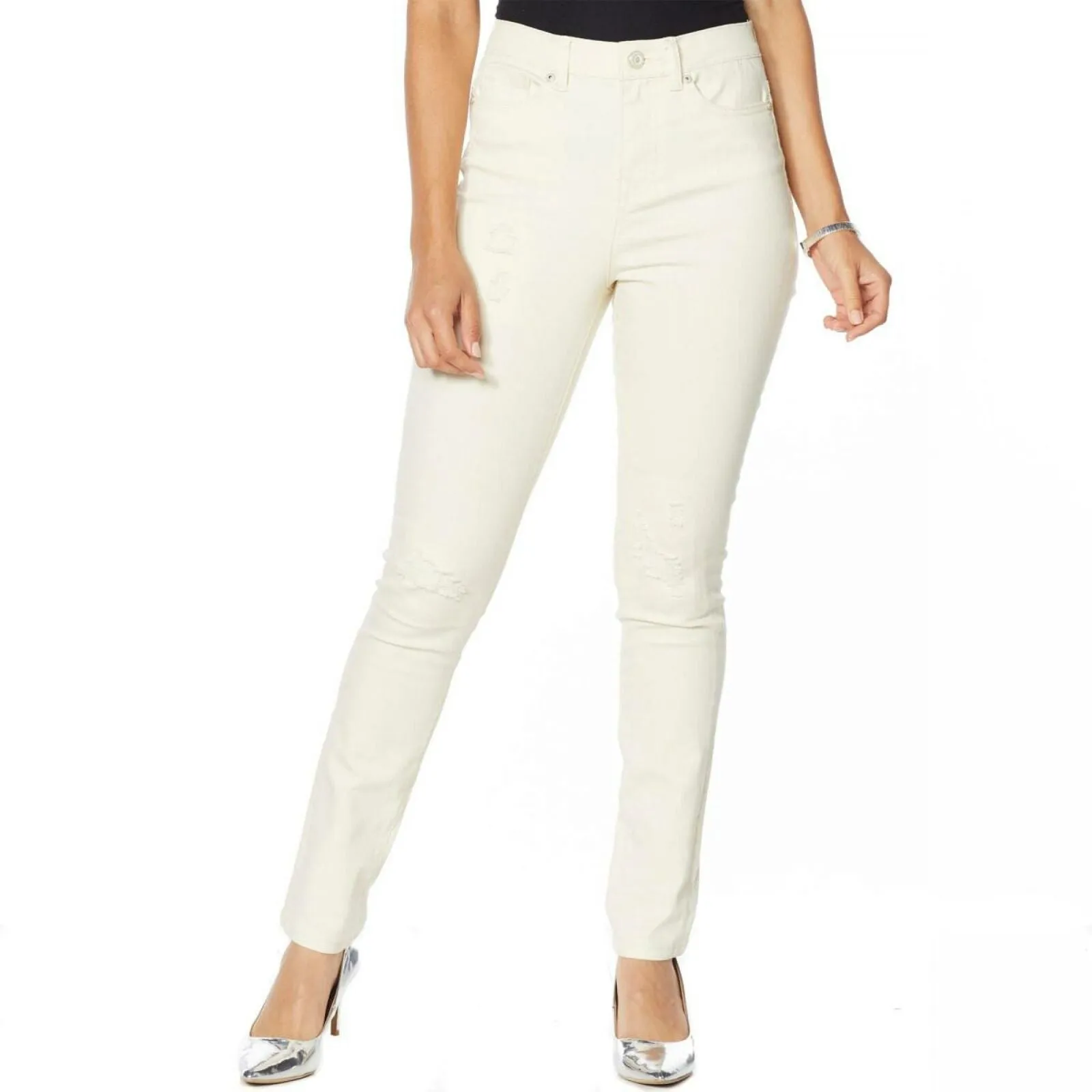 DG2 by Diane Gilman Petite Virtual Stretch Destructed Skinny Jeans Cream 10P