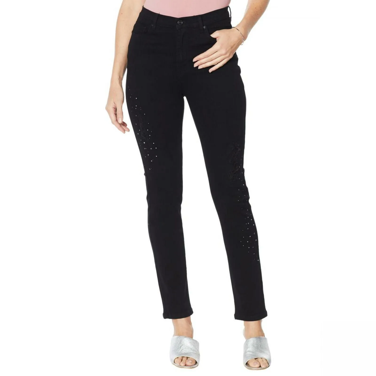 DG2 by Diane Gilman Women's Destructed Multi Stone Skinny Jeans Black 16